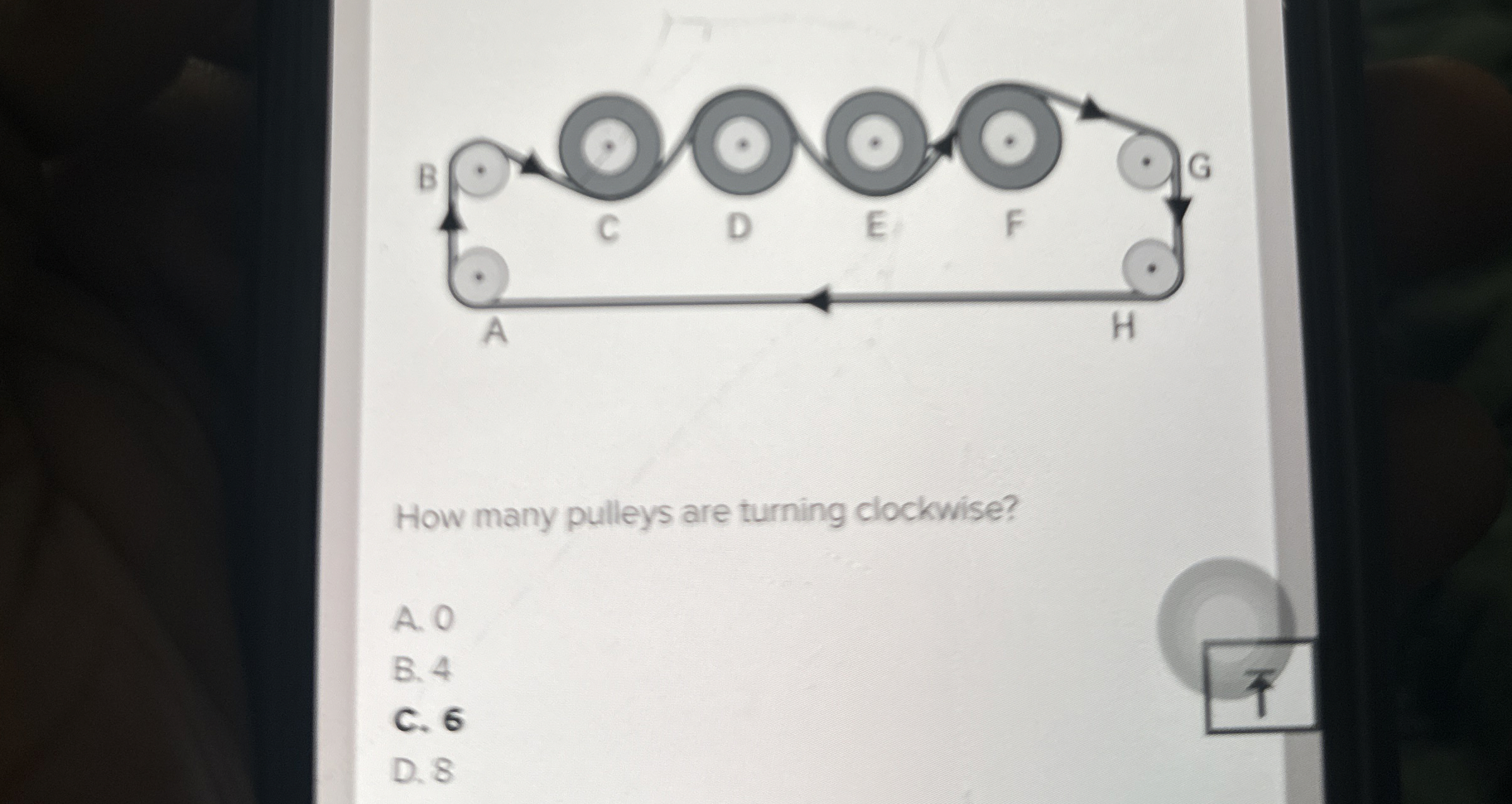 How many pulleys are turning clockwise? A . 0 B .