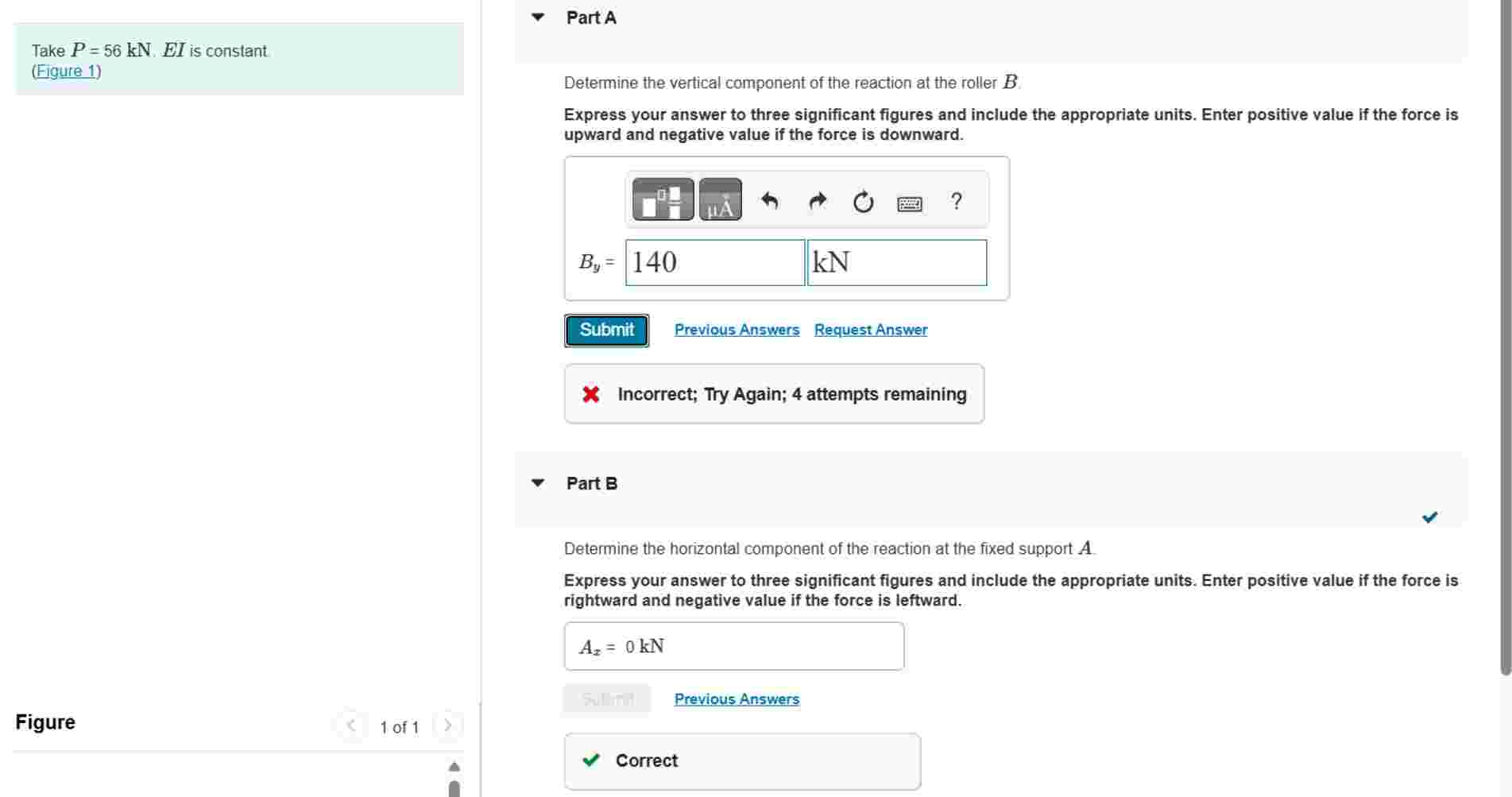 Take \ ( P = 5 6 \ mathrm { kN } \ ) . EI is