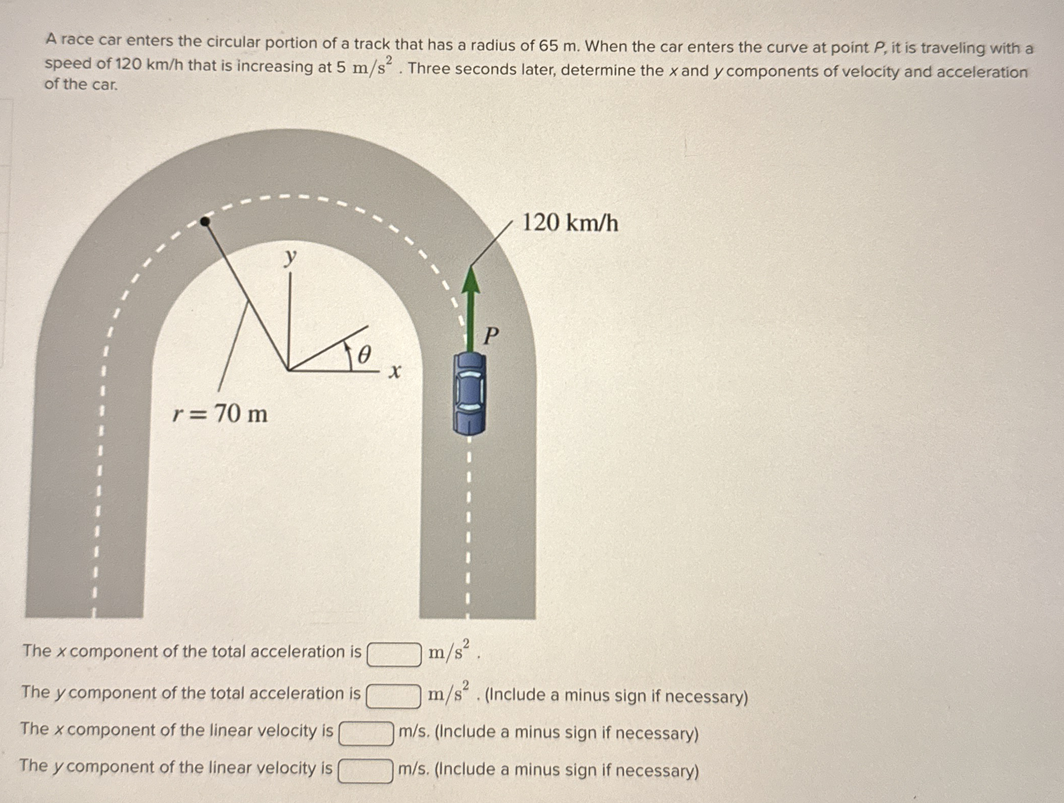 A race car enters the circular portion of a track