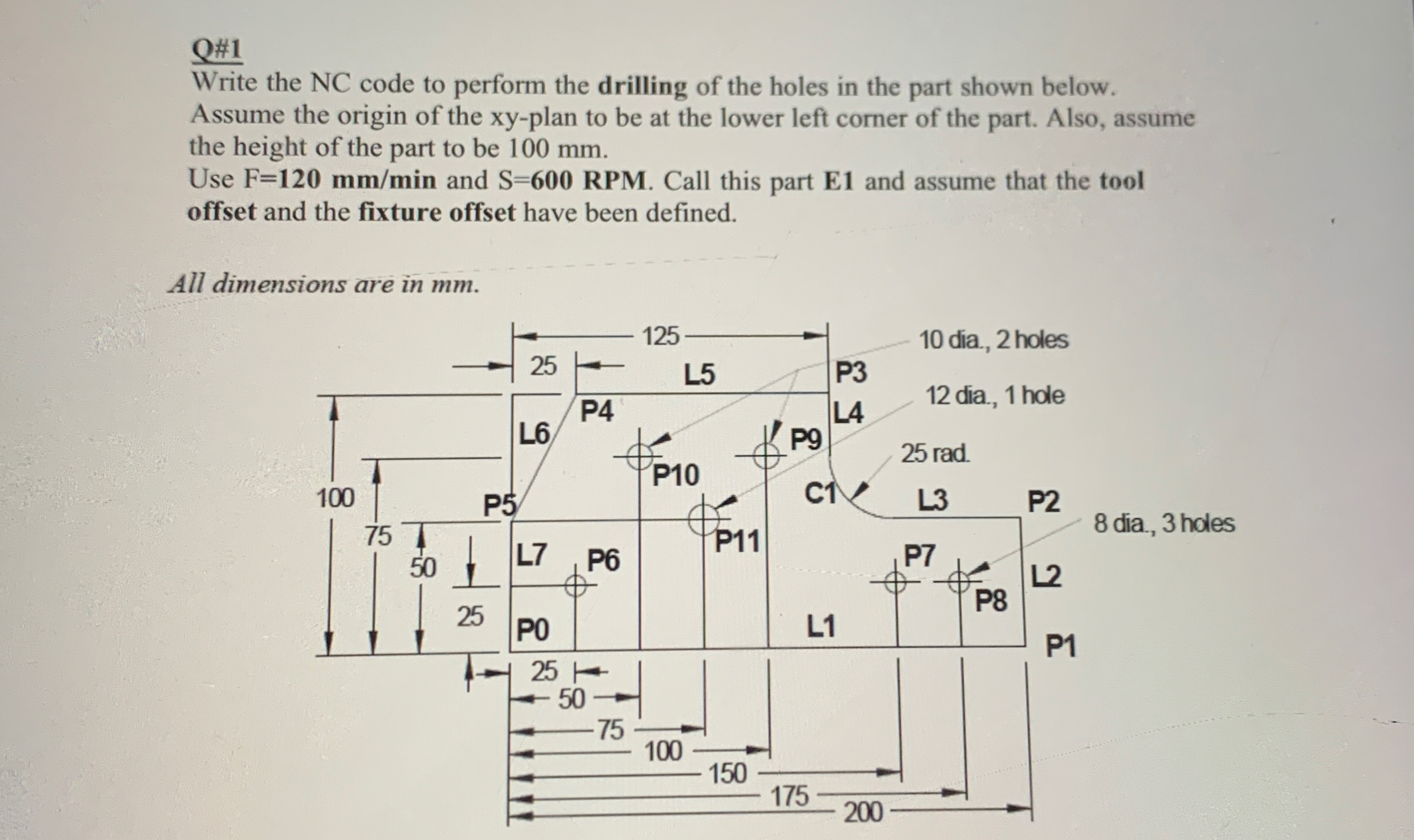 Q# 1 Write the NC code to perform the drilling of