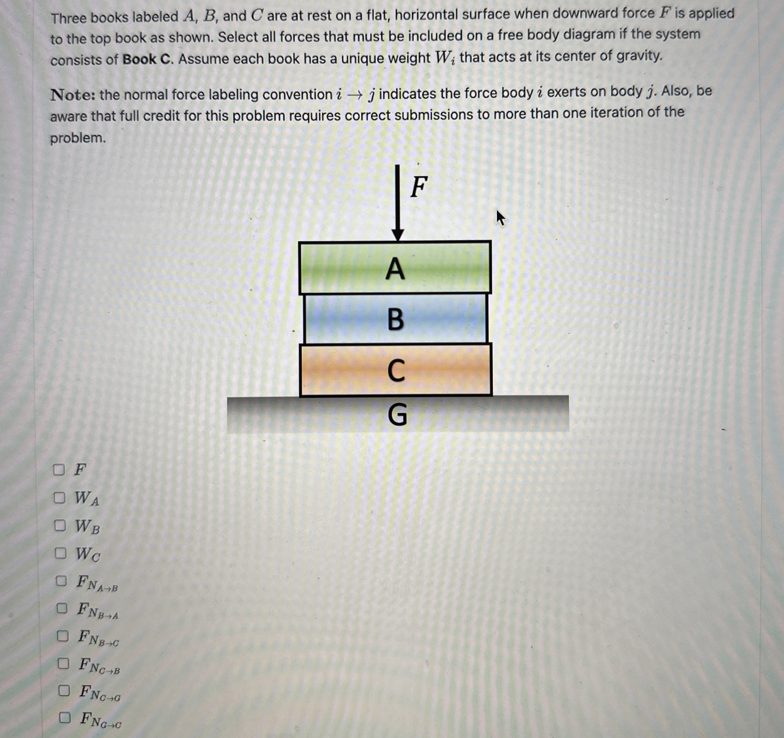 Three books labeled A , B , and C are at rest on