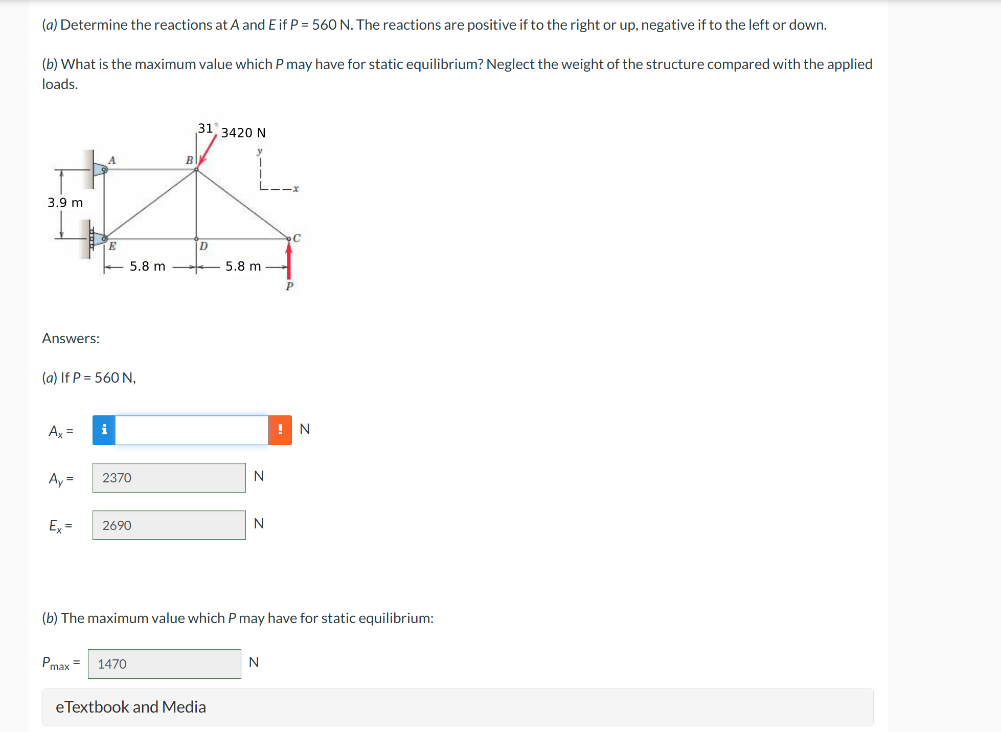 ( a ) Determine the reactions at A and E if P = 5
