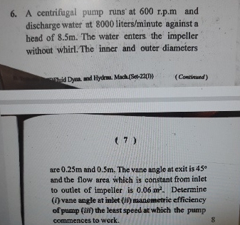 A centrifugal pump runs at 6 0 0 r . p . m and