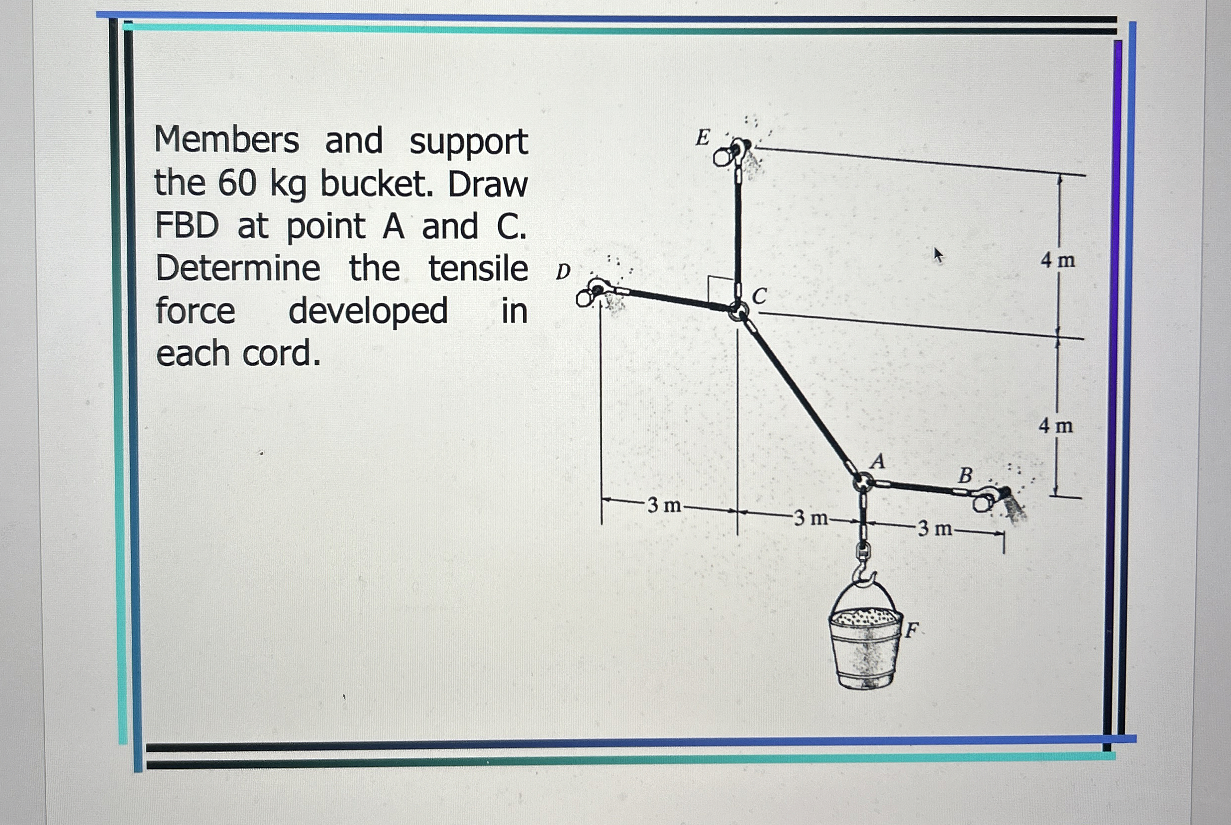 Members and support the 6 0 kg bucket. Draw FBD