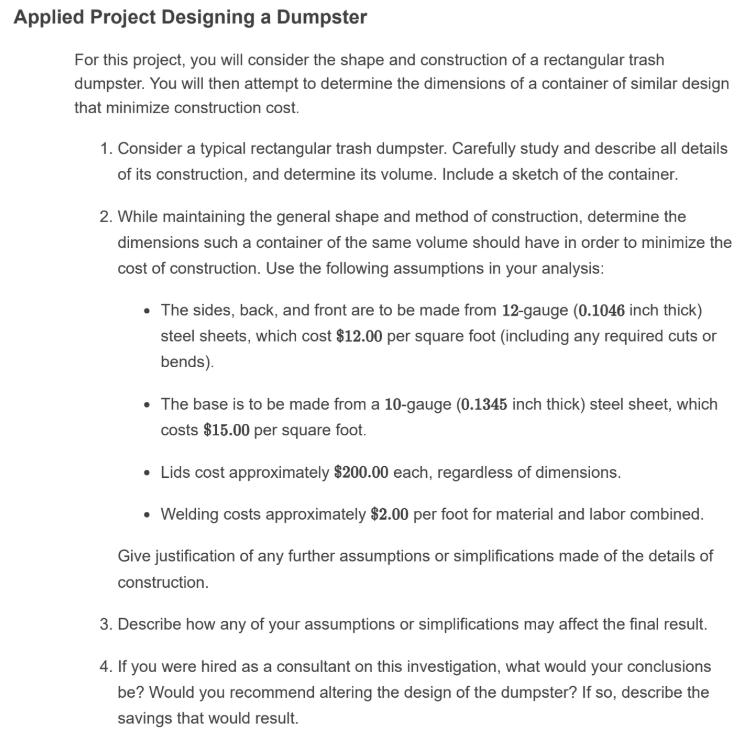 Applied Project Designing a Dumpster For this
