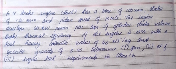 A 4 stroke engine coisel ) has a bore of 1 0 0 mm