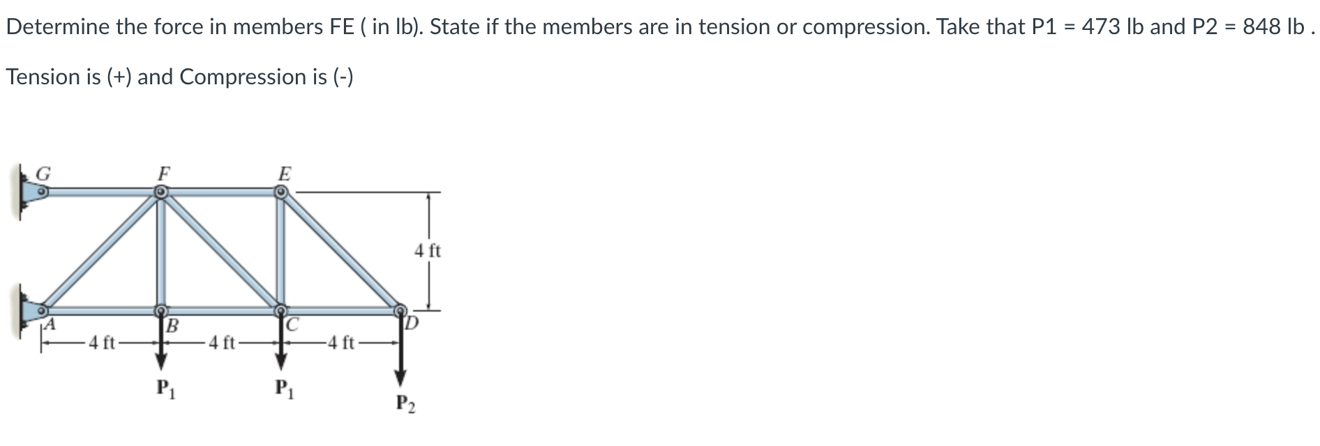 Determine the force in members FE ( in lb ) .