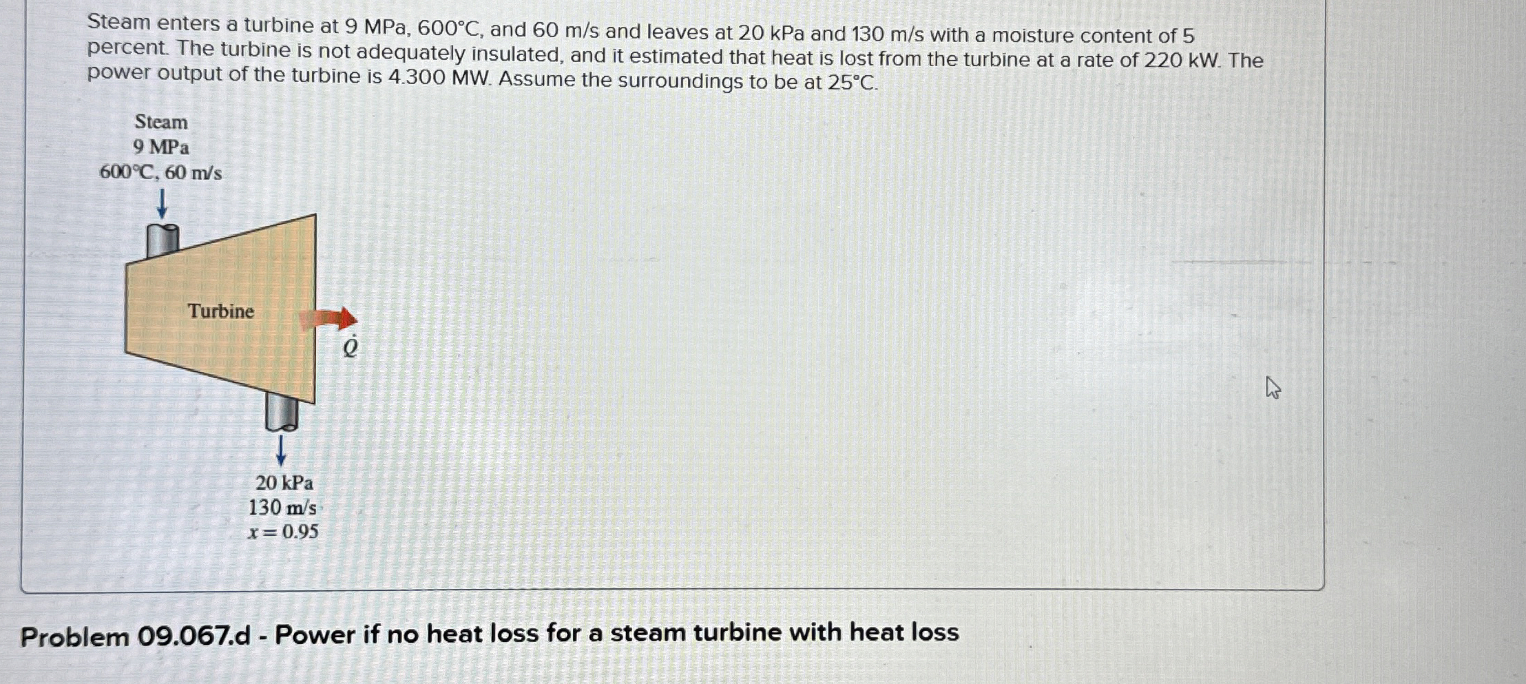 Steam enters a turbine at 9 MPa, 6 0 0 C , and 6