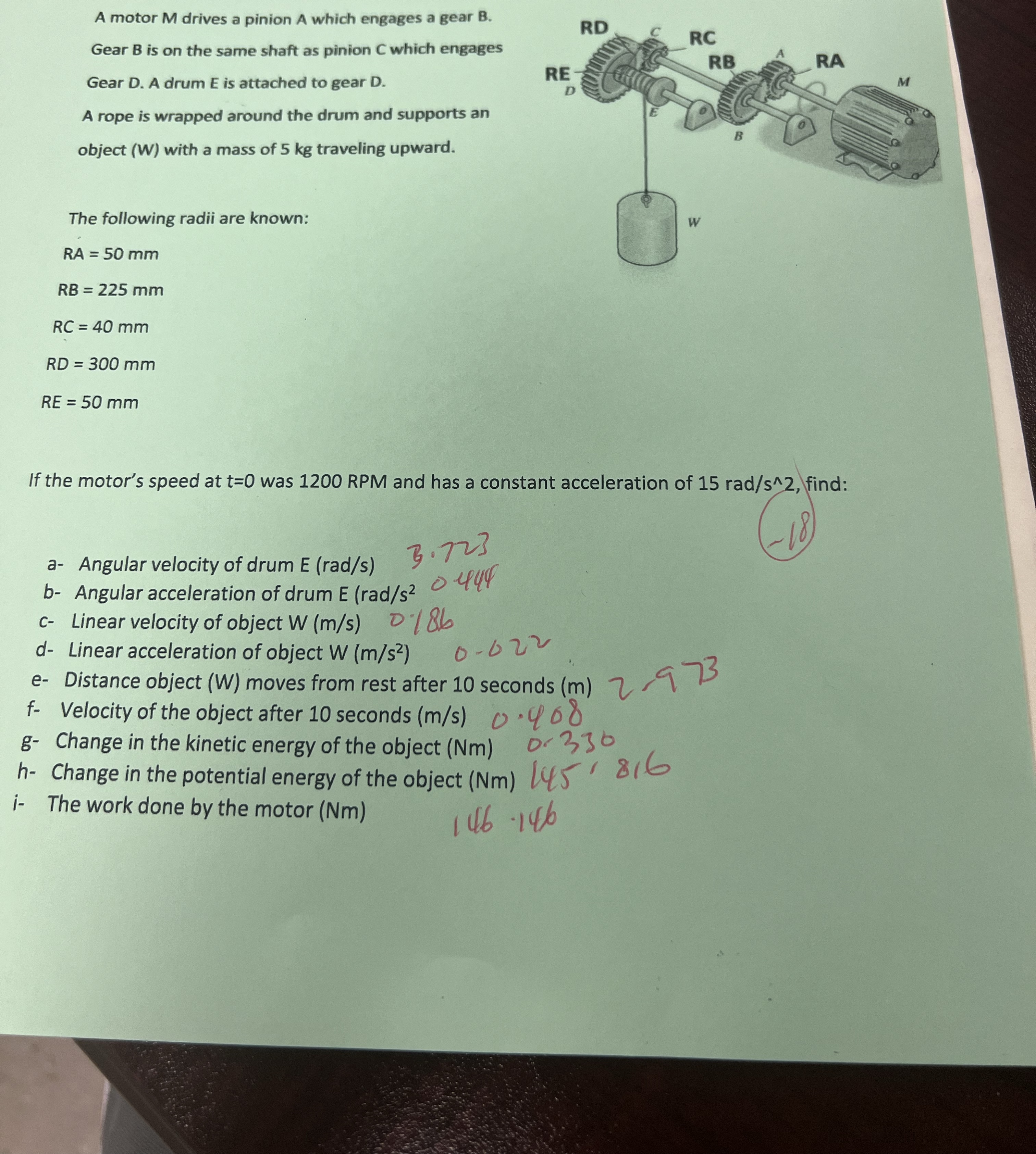 A motor M drives a pinion A which engages a gear
