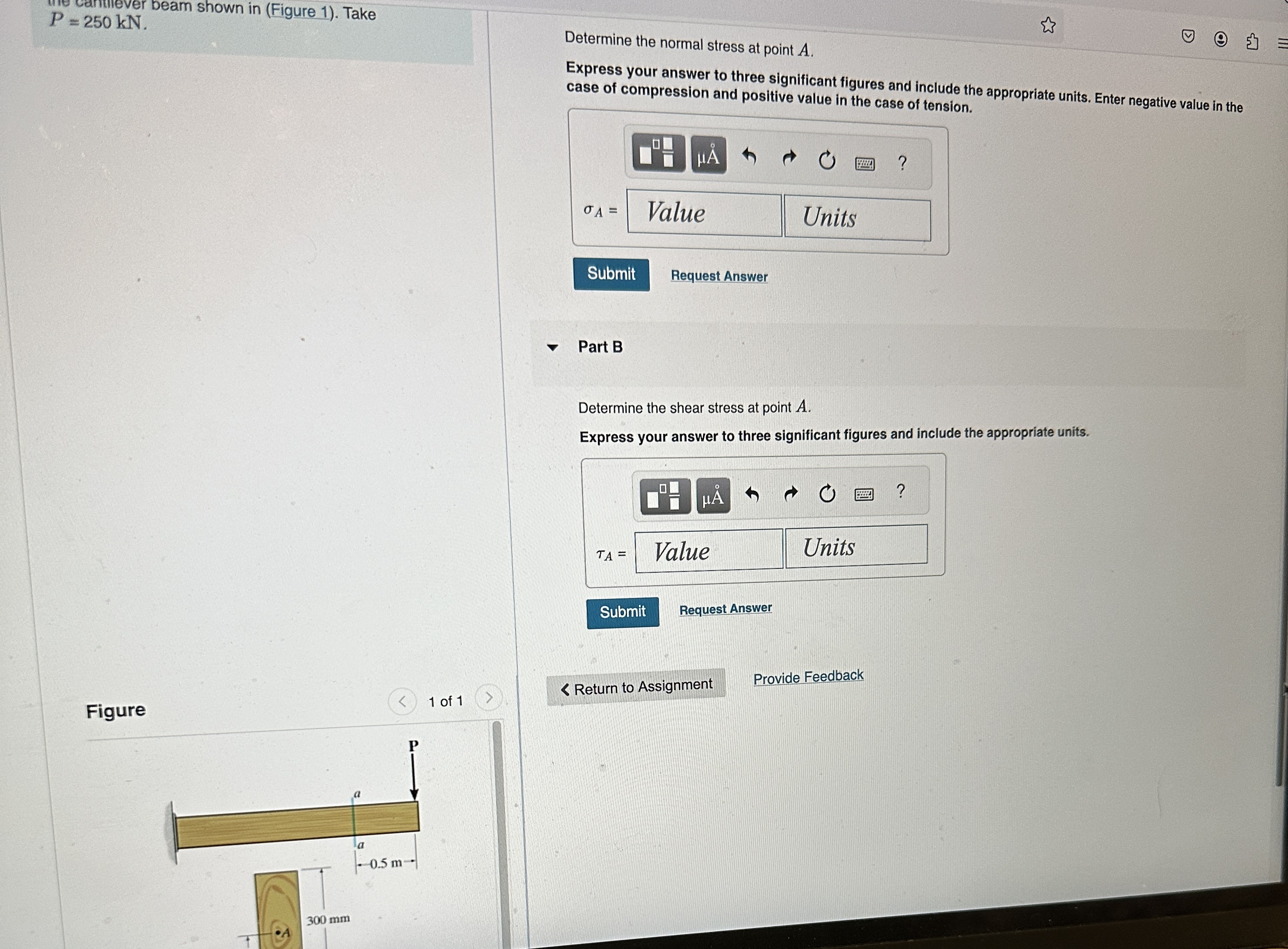 P = 2 5 0 k N . Determine the normal stress at