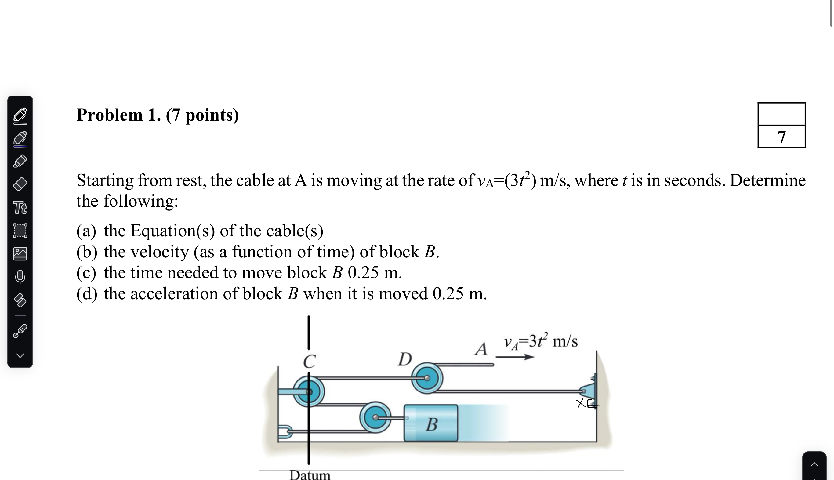 Starting from rest, the cable at A is moving at