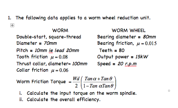 The following data applies to a worm wheel