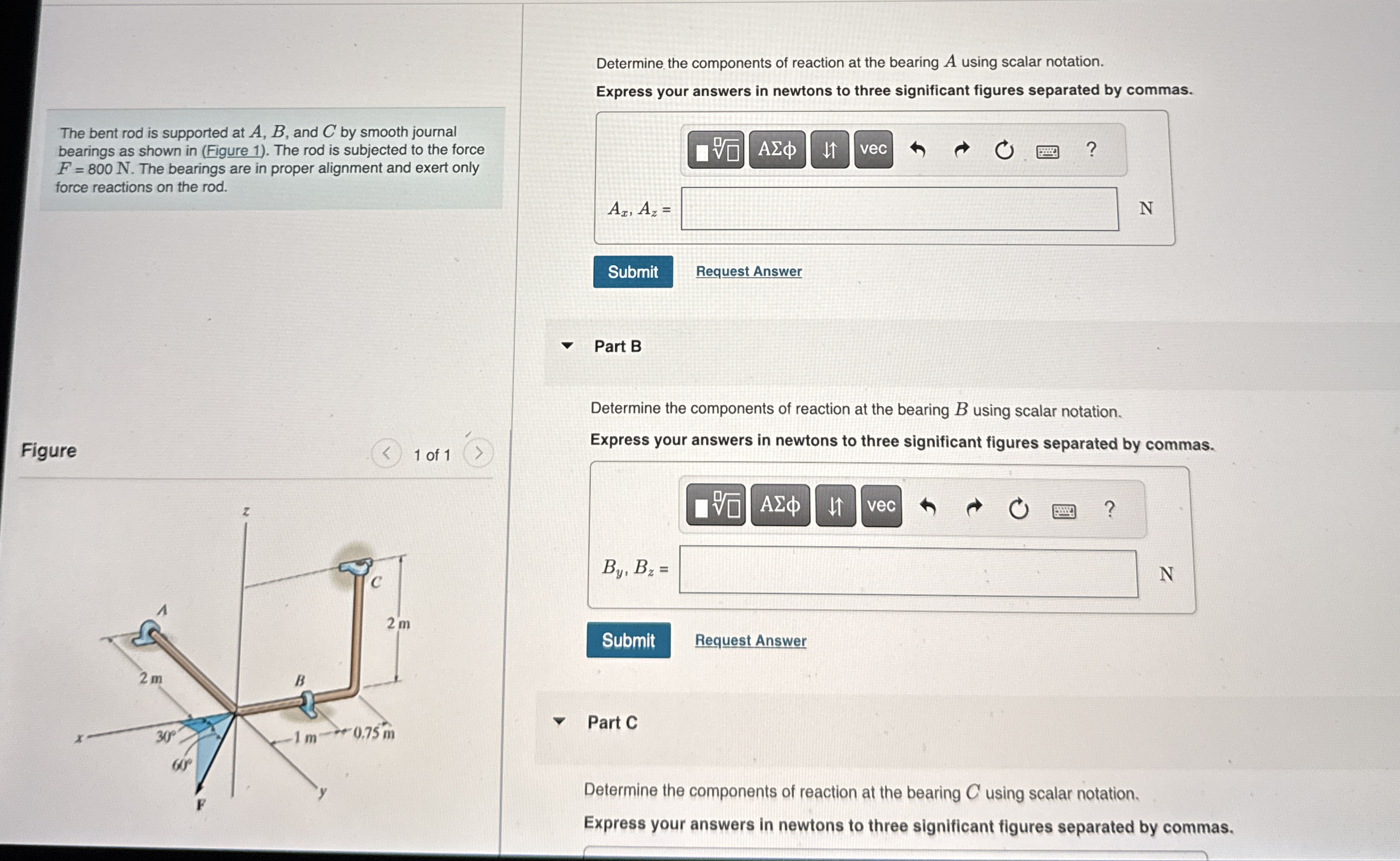 The bent rod is supported at A , B , and C by