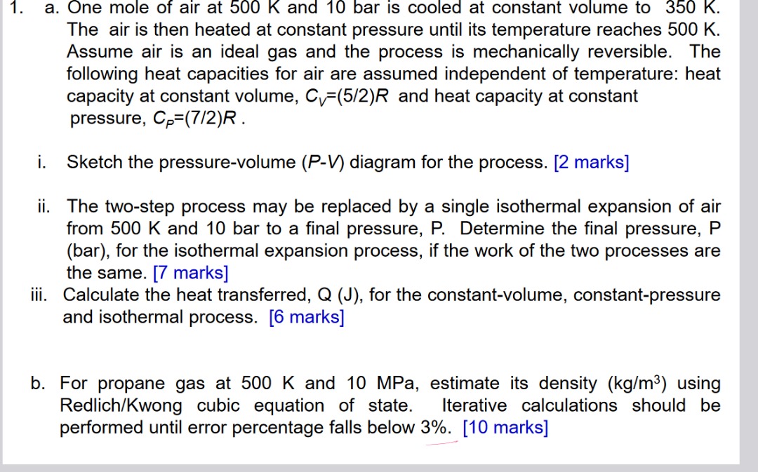1 . a . One mole of air at 5 0 0 K and 1 0 bar is
