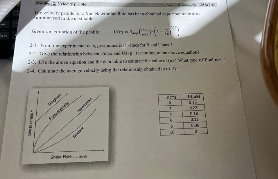 Problem 2 : Velocity profile ( time : 2 0 minutes