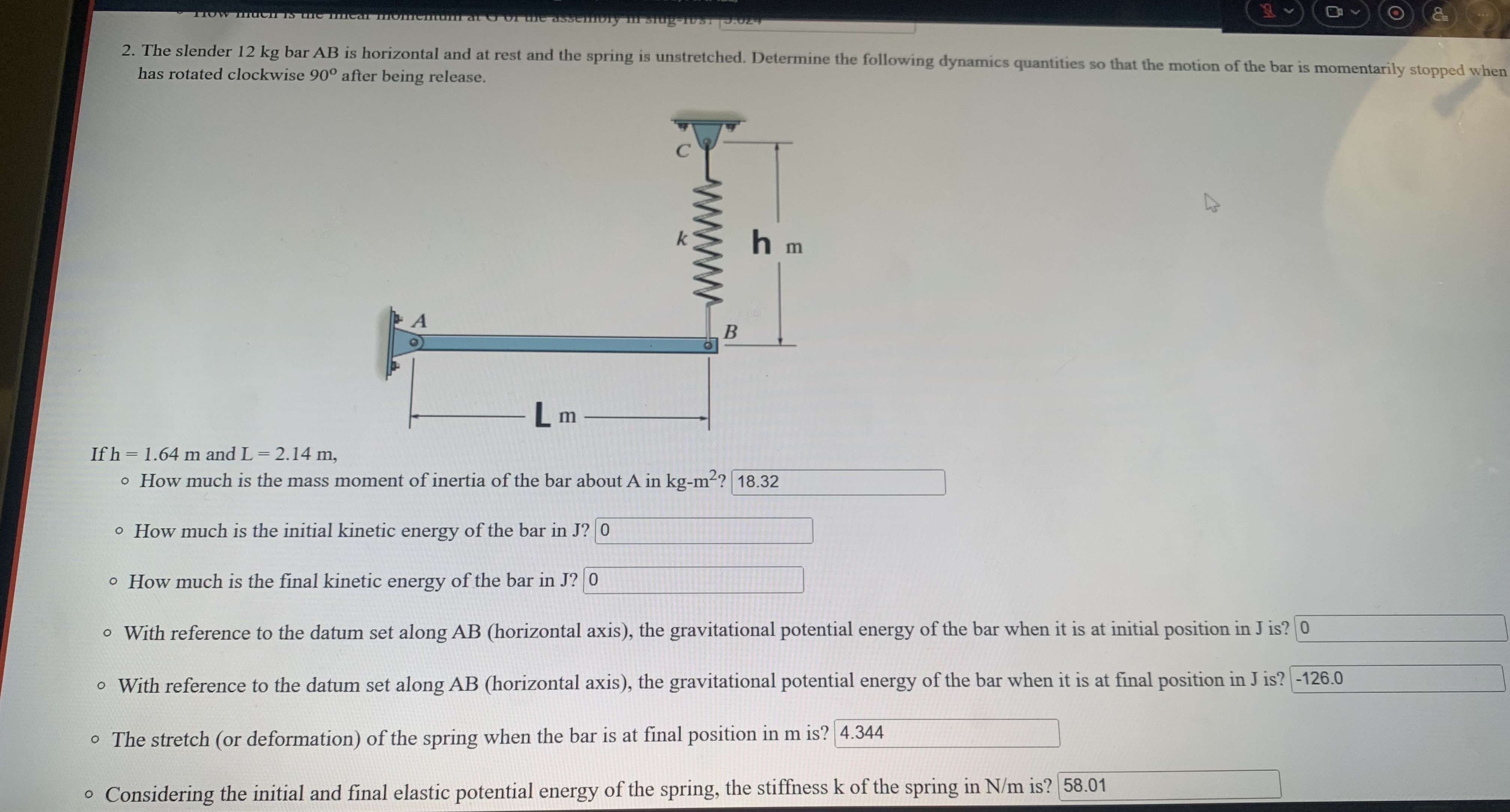 2 . The slender 1 2 kg bar AB is horizontal and