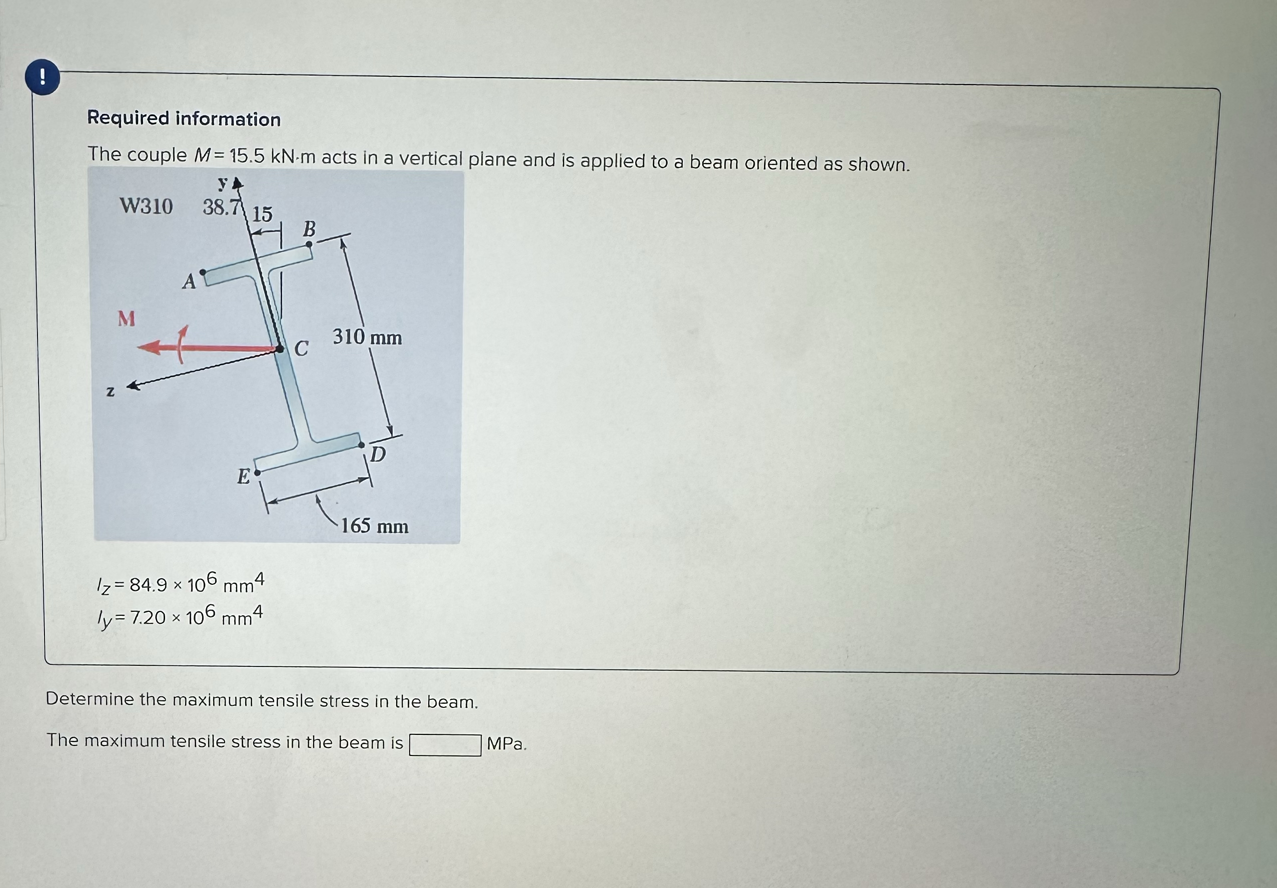 Required information The couple M = 1 5 . 5 k N *