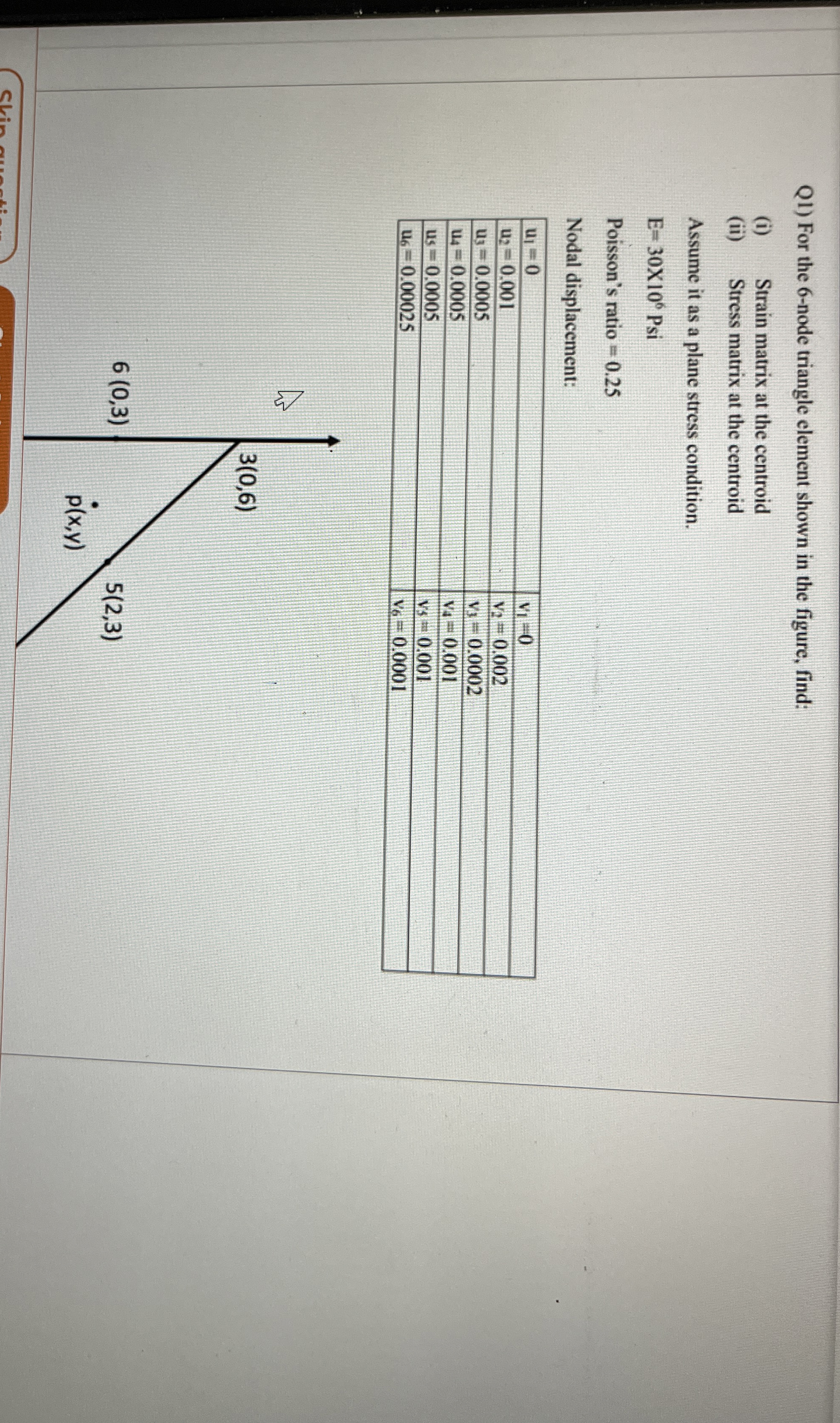 Q 1 ) For the 6 - node triangle element shown in