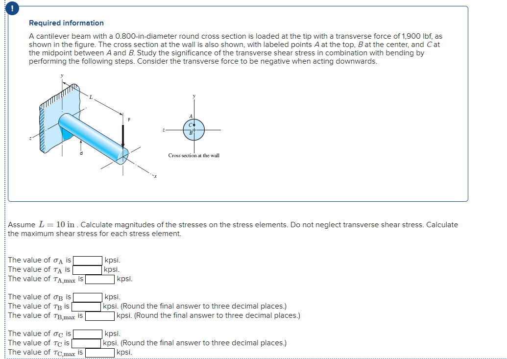 Required information A cantilever beam with a 0 .