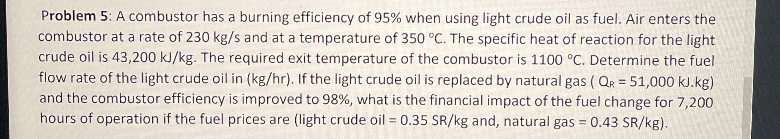 Problem 5 : A combustor has a burning efficiency