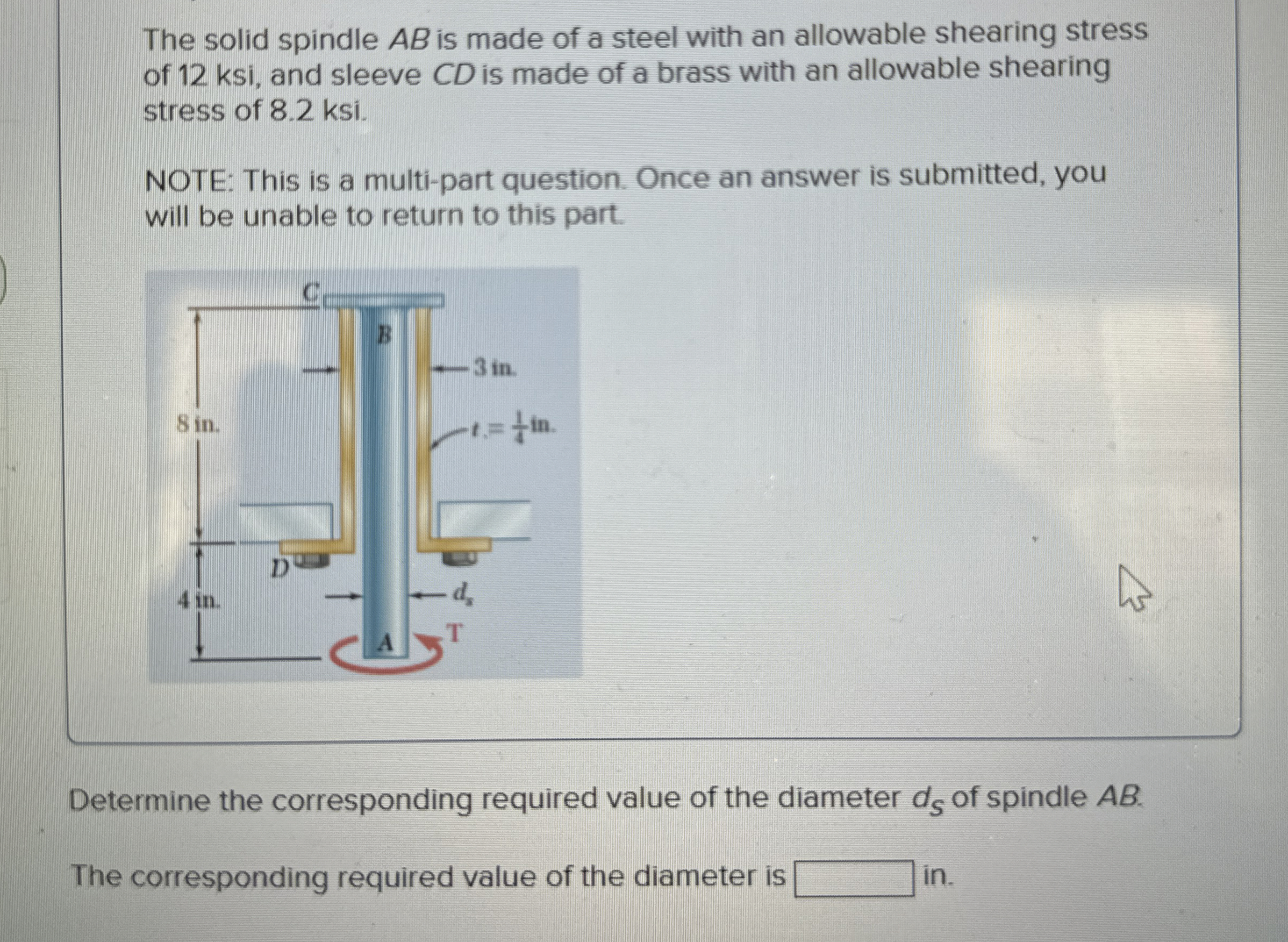 The solid spindle A B is made of a steel with an