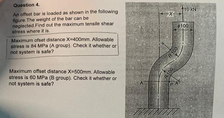 Question 4 . An offset bar is loaded as shown in