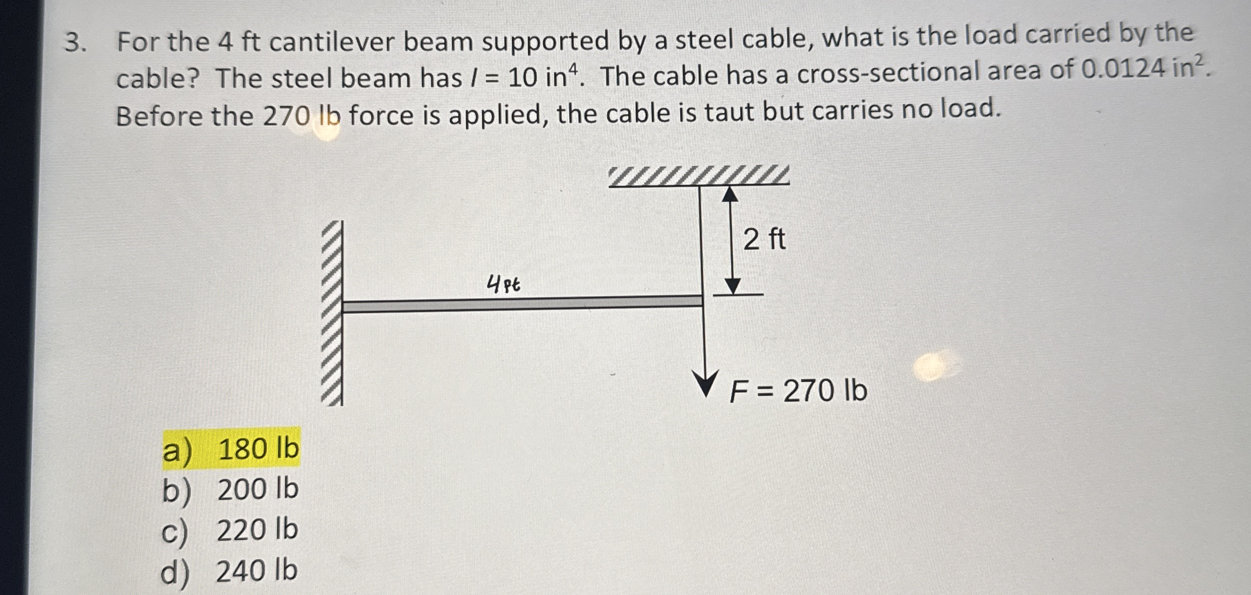 For the 4 ft cantilever beam supported by a steel