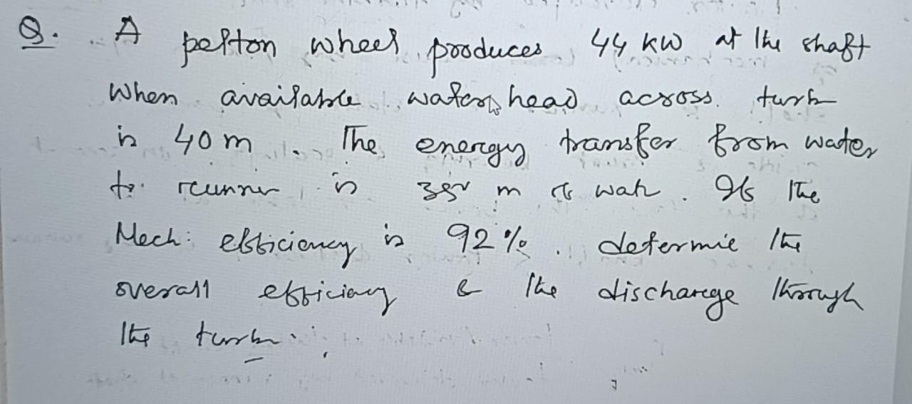 Q . A pelton wheer produces 4 4 kw at the shaft