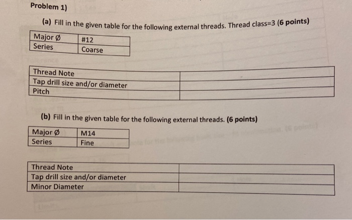 Fill in the tables below for the given external