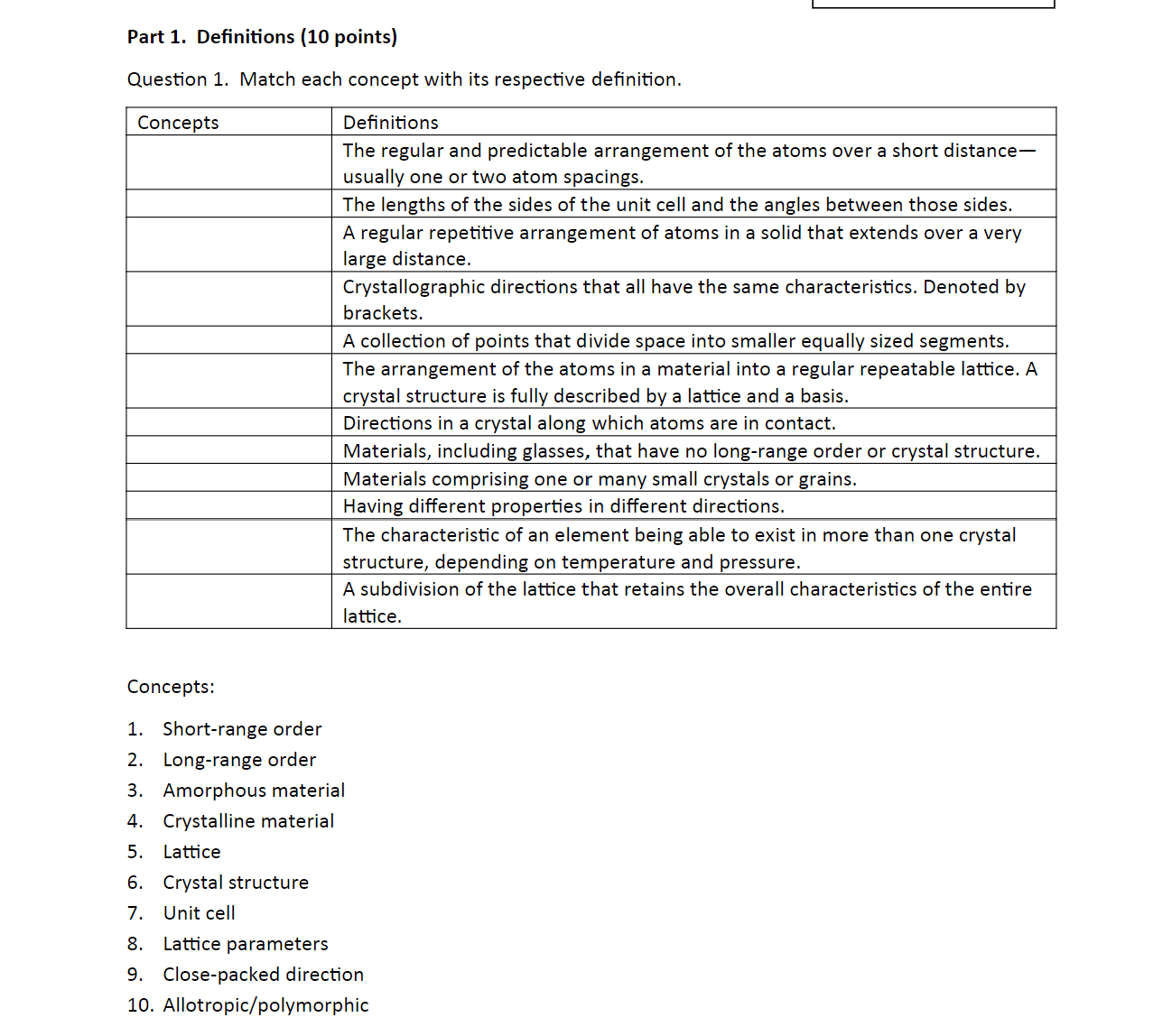 Part 1 . Definitions ( 1 0 points ) Question 1 .