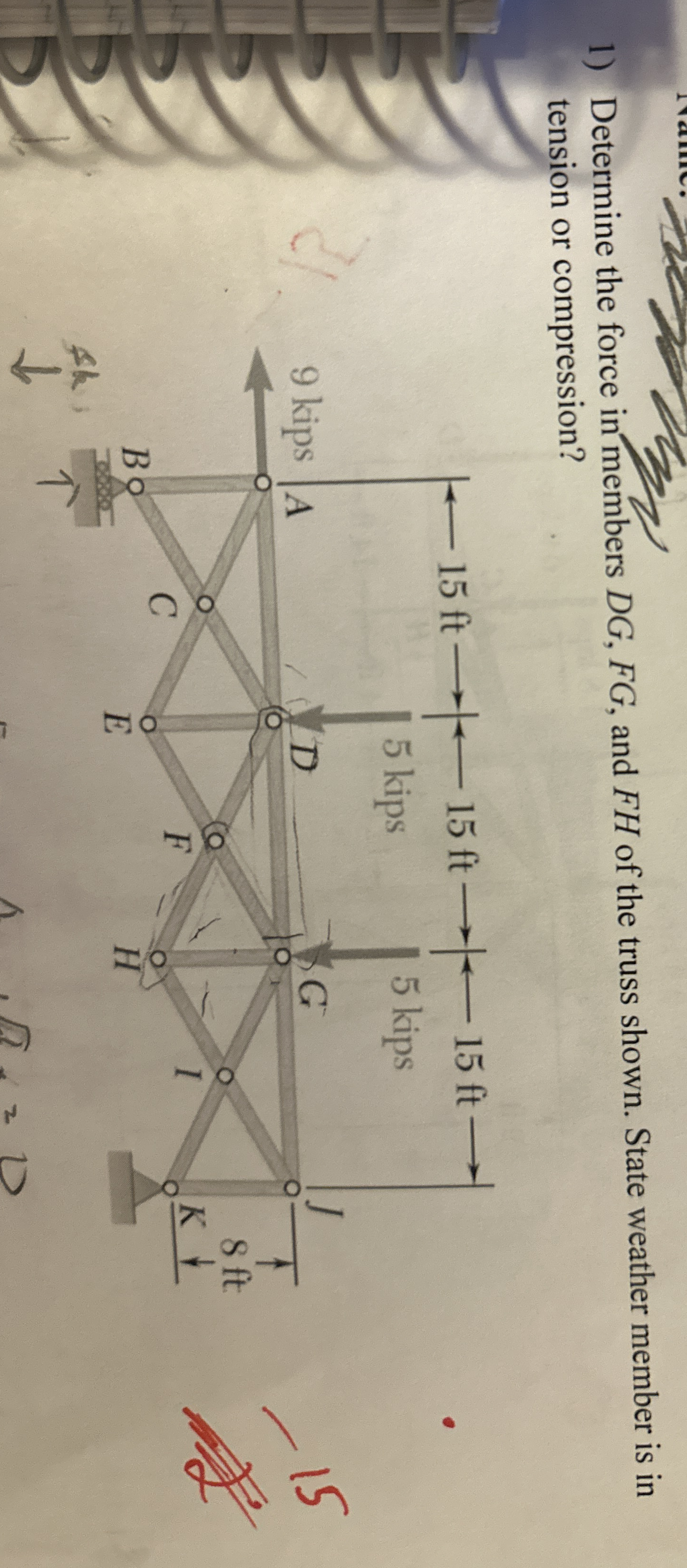 Determine the force in members D G , F G , and F