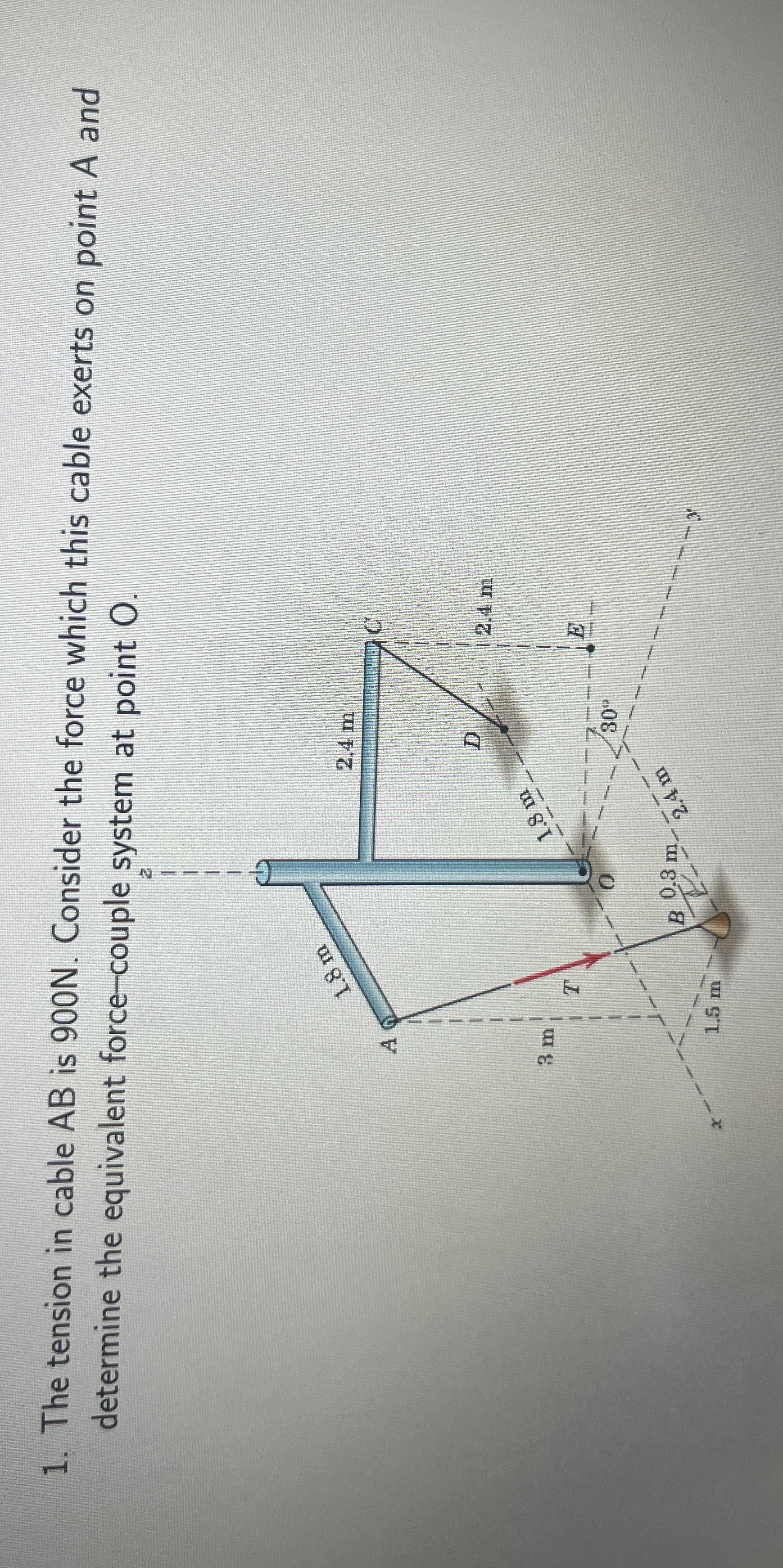 The tension in cable A B is 9 0 0 N . Consider