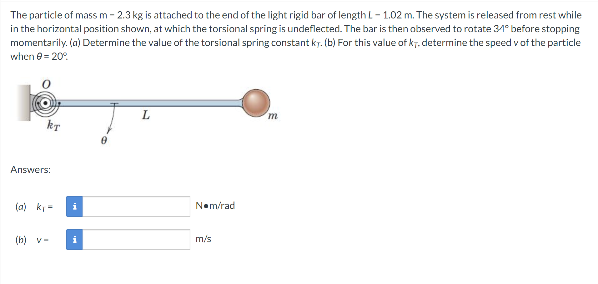 The particle of mass m = 2 . 3 k g is attached to