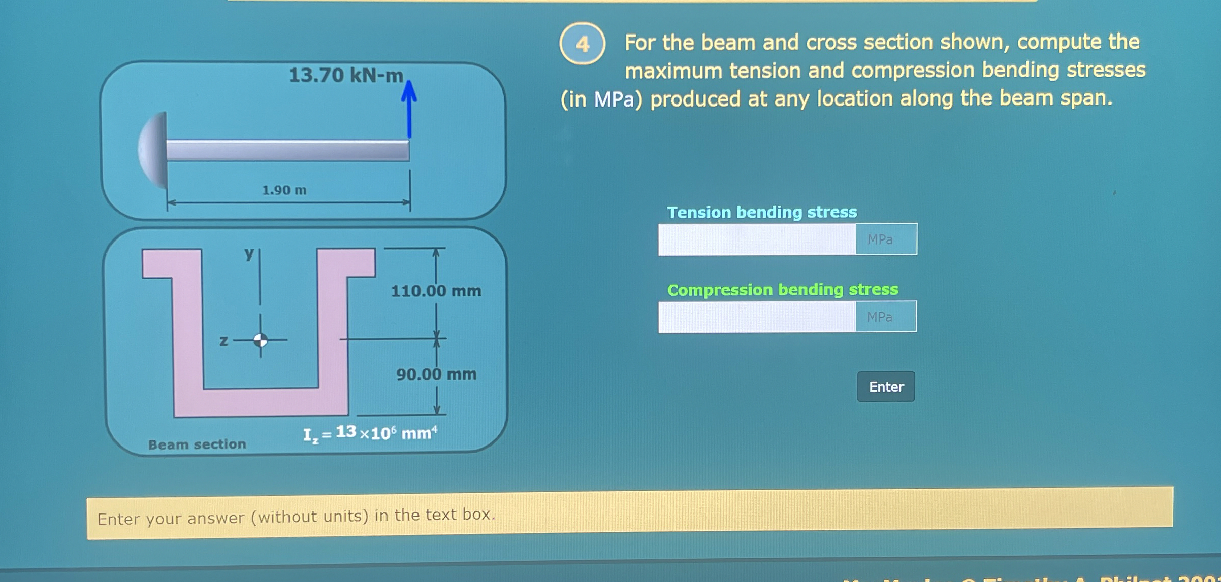 For the beam and cross section shown, compute the