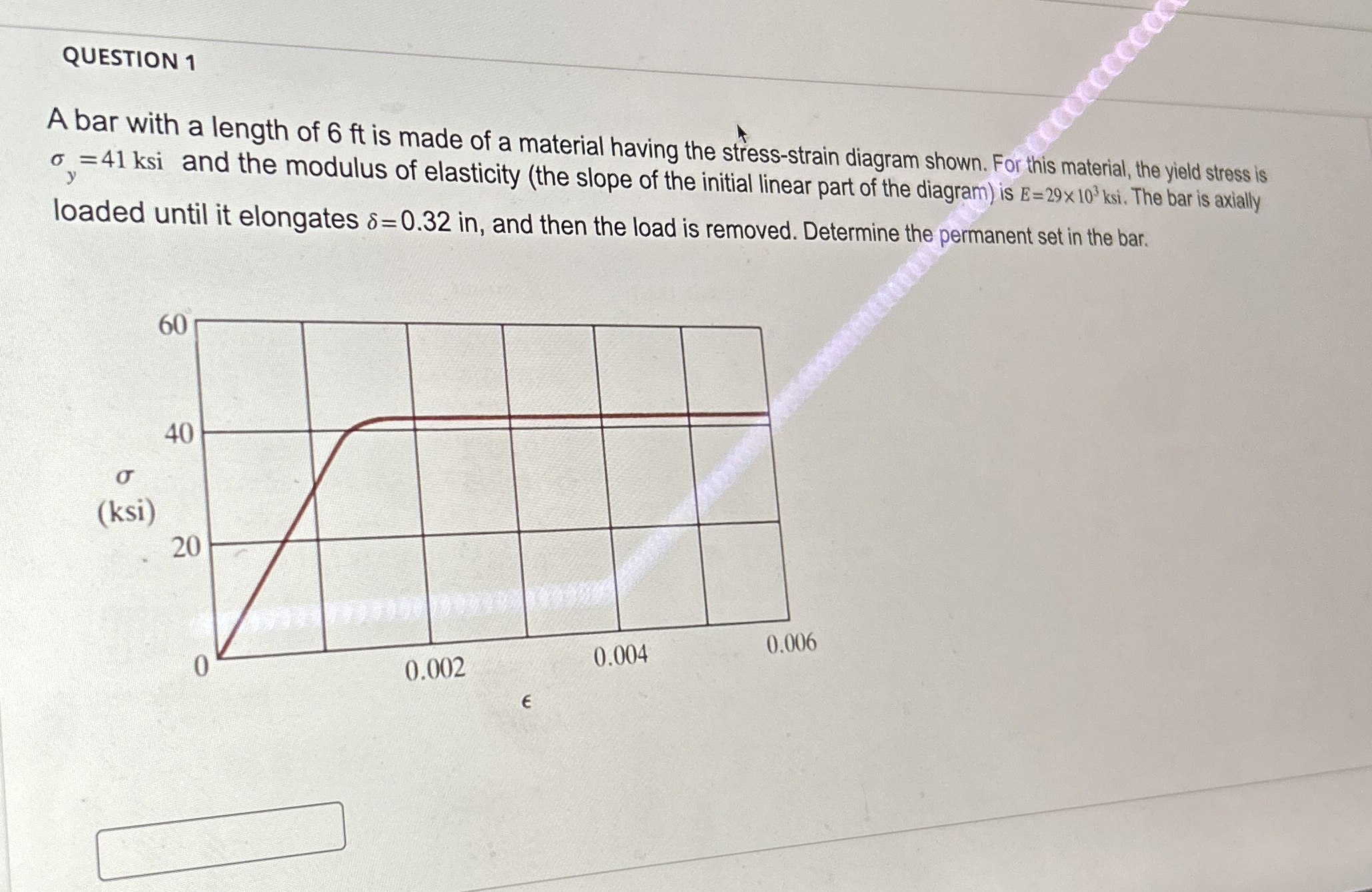 QUESTION 1 A bar with a length of 6 ft is made of