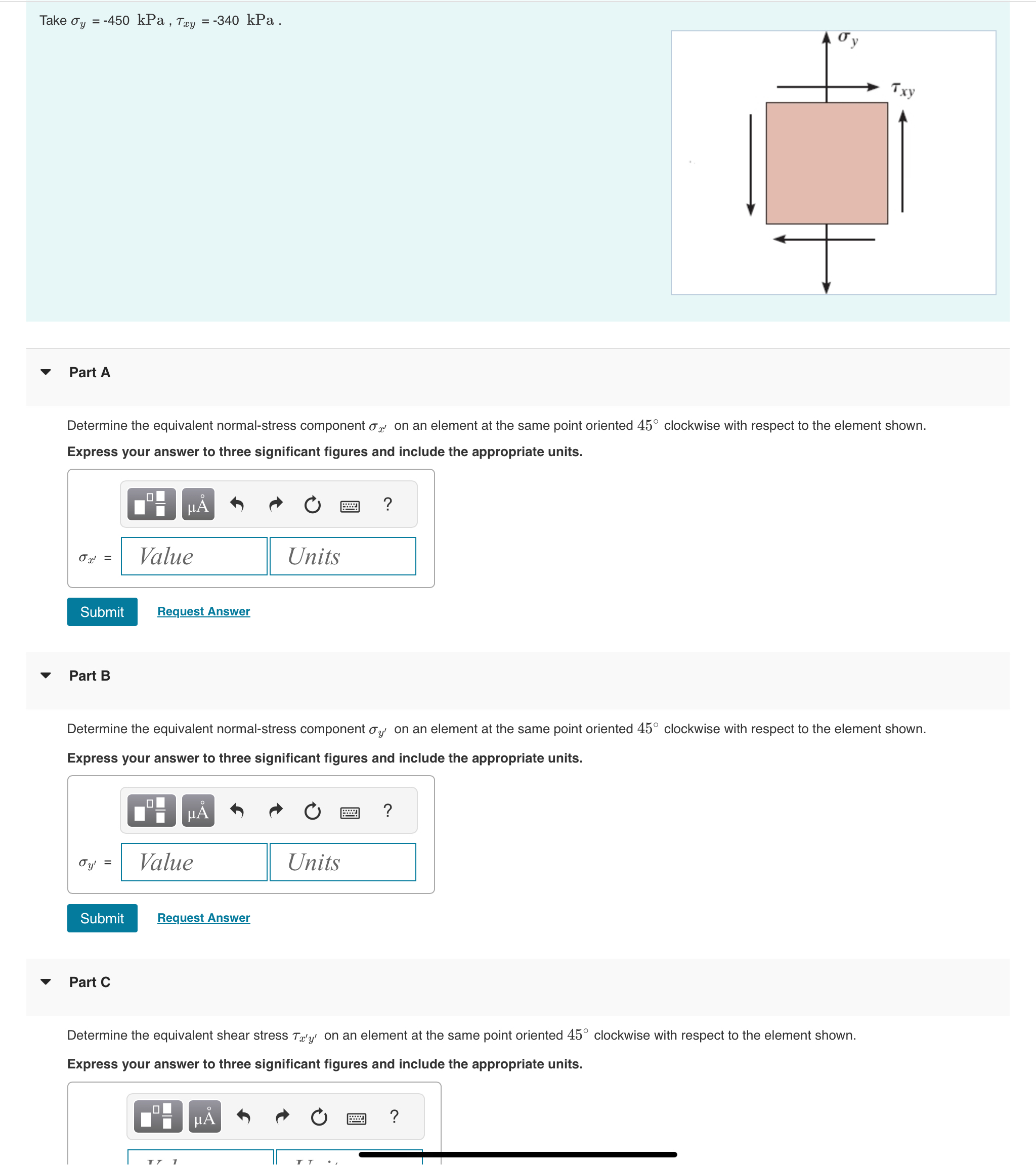 Take y = - 4 5 0 kPa, x y = - 3 4 0 kPa. Part A