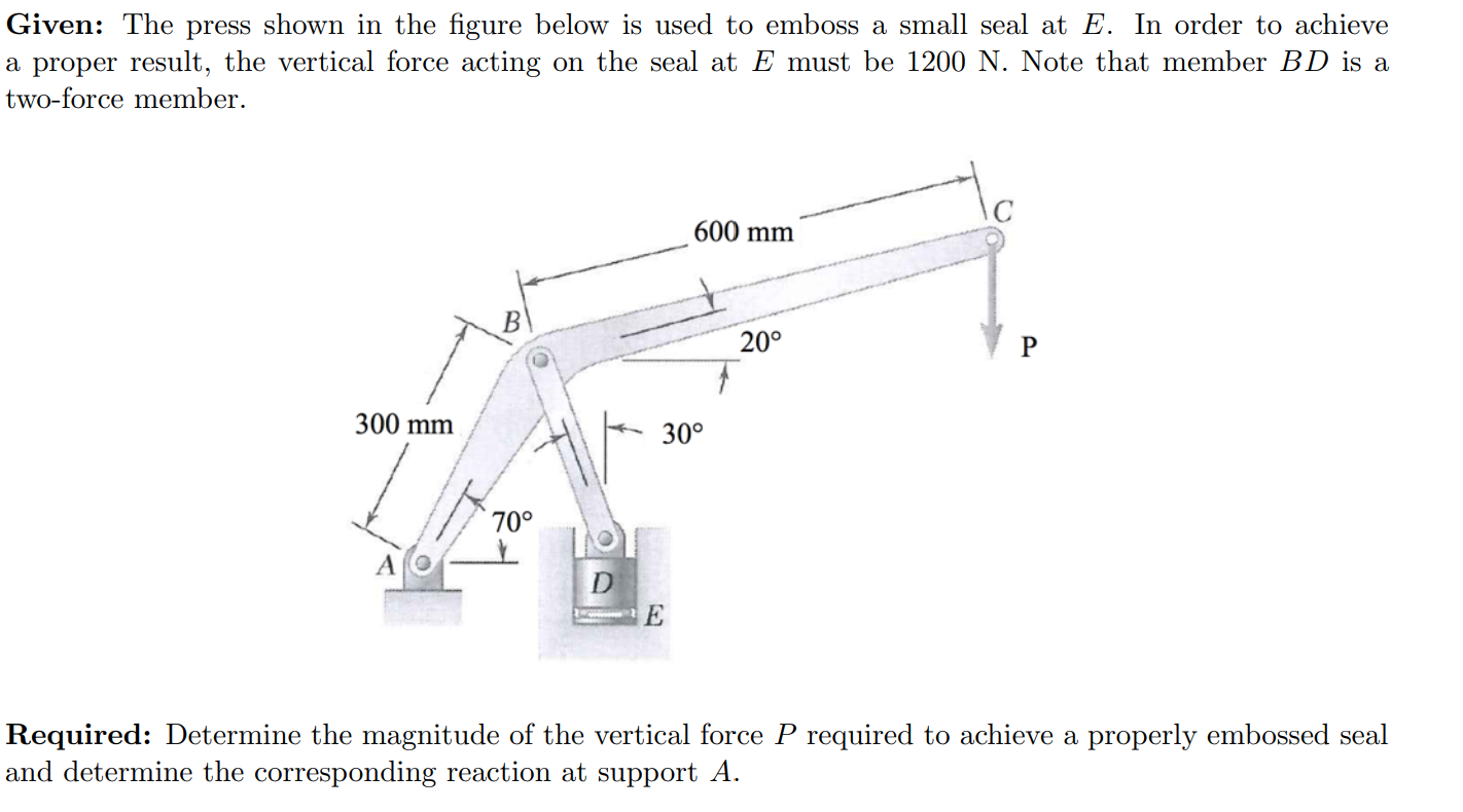 Given: The press shown in the figure below is