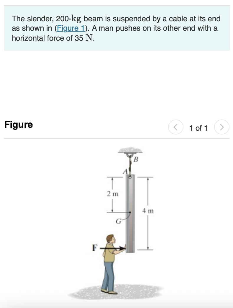 The slender, 2 0 0 - kg beam is suspended by a