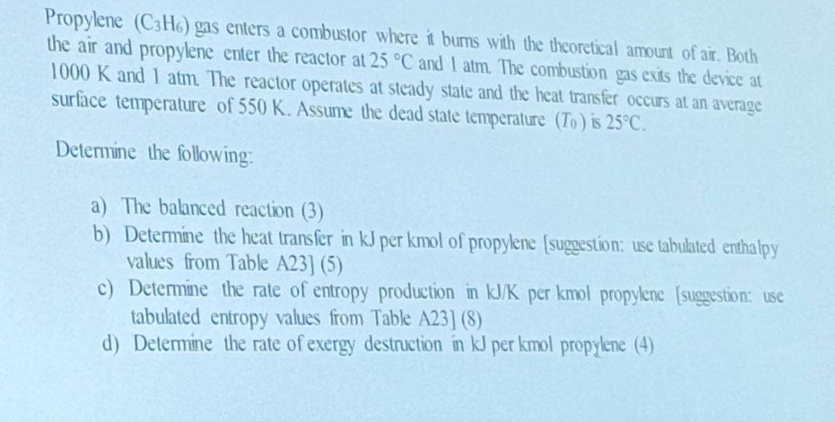 Propylene ( C 3 H 6 ) gas enters a combustor