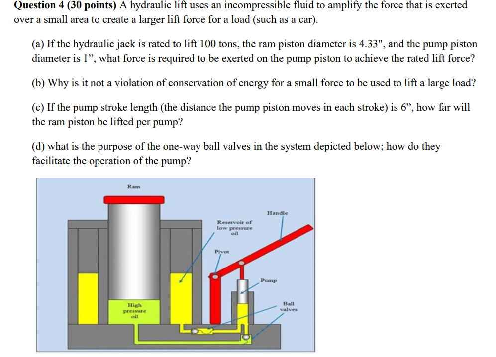 Question 4 ( 3 0 points ) A hydraulic lift uses