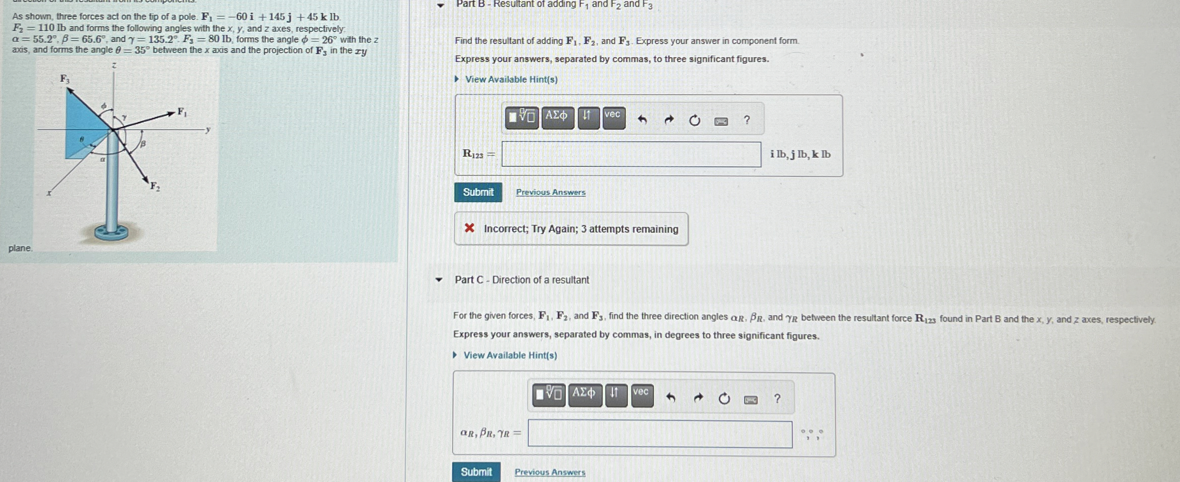 As shown, three forces act on the tip of a pole.