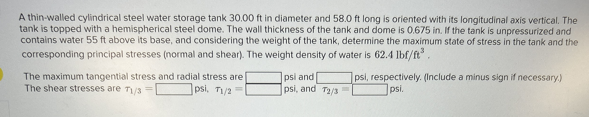A thin - walled cylindrical steel water storage
