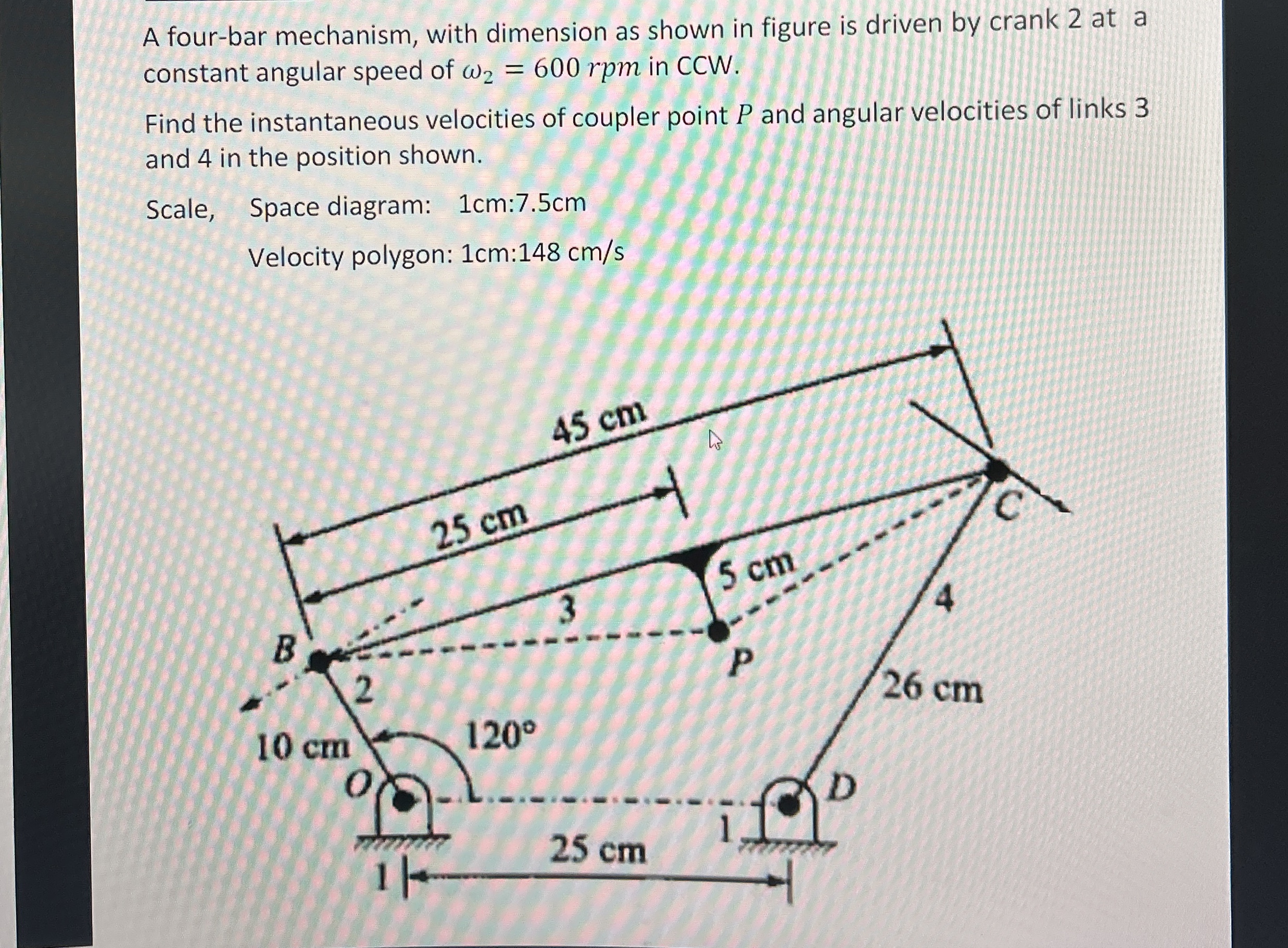 A four - bar mechanism, with dimension as shown