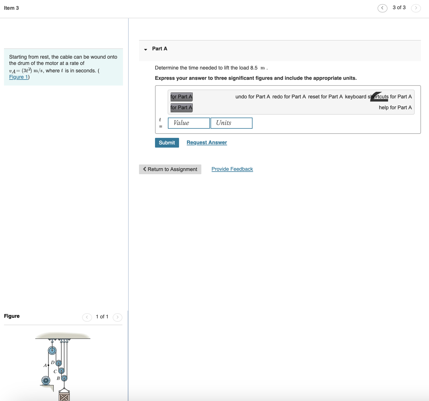Determine the time needed to lift the load 8 . 5
