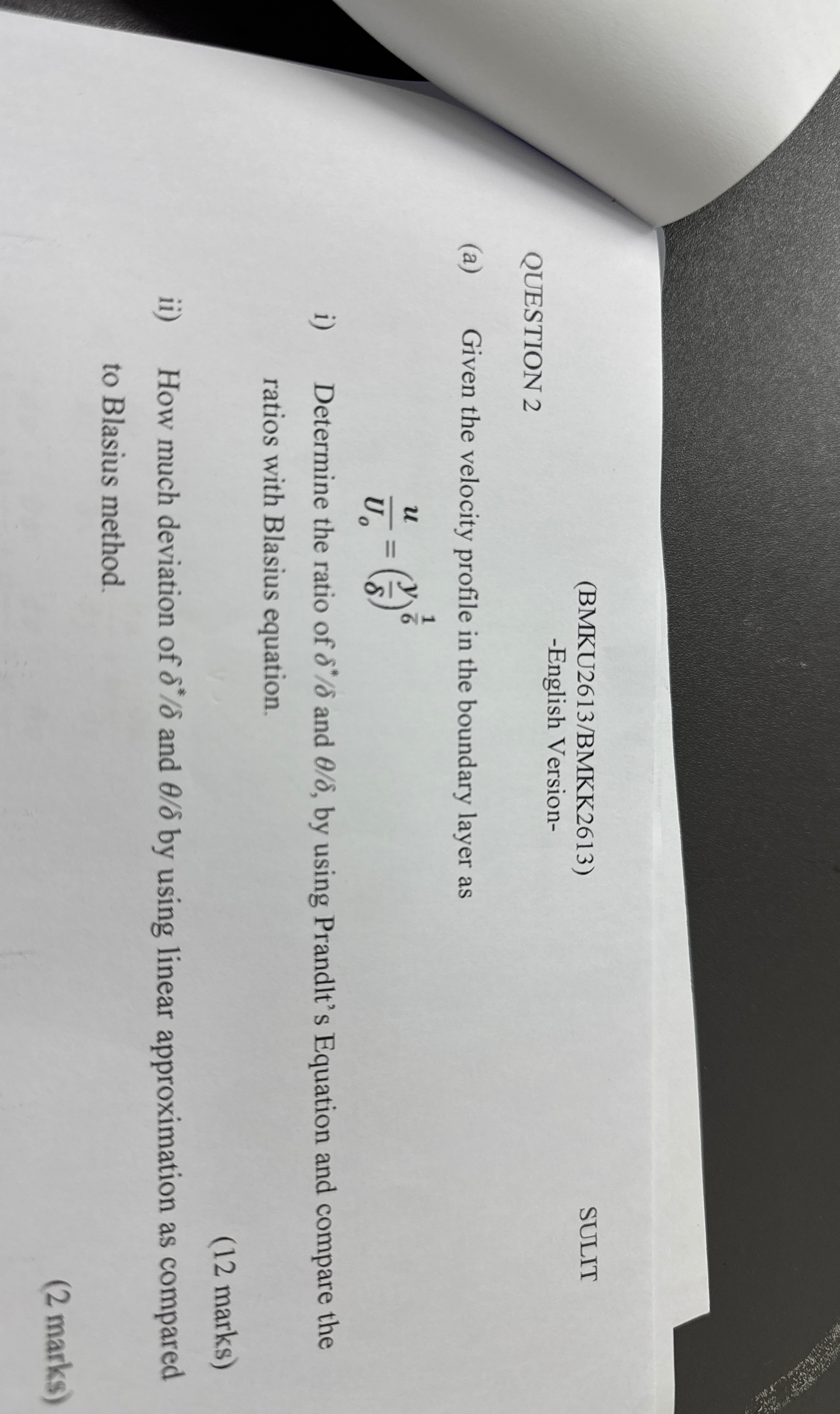 - QUESTION 2 ( a ) Given the velocity profile in