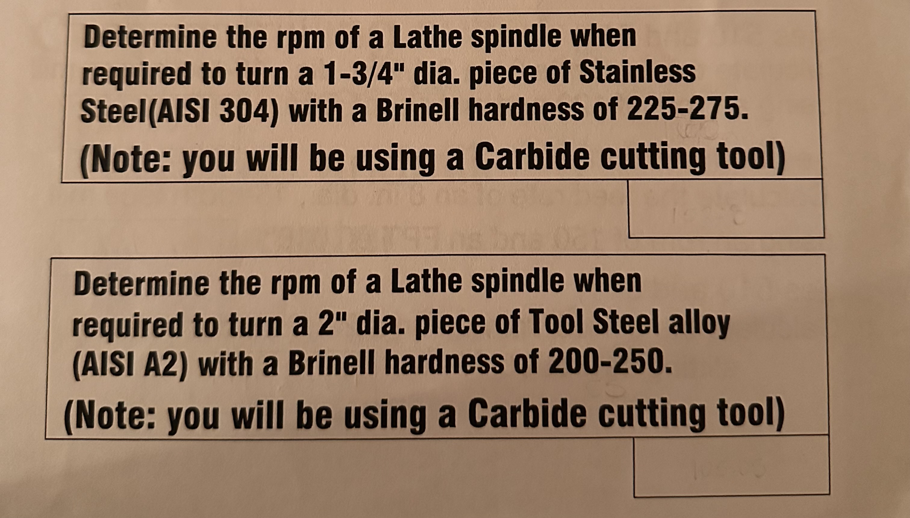 Determine the rpm of a Lathe spindle when
