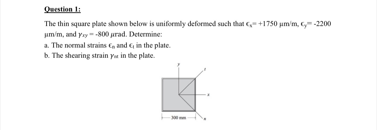 Question 1 : The thin square plate shown below is