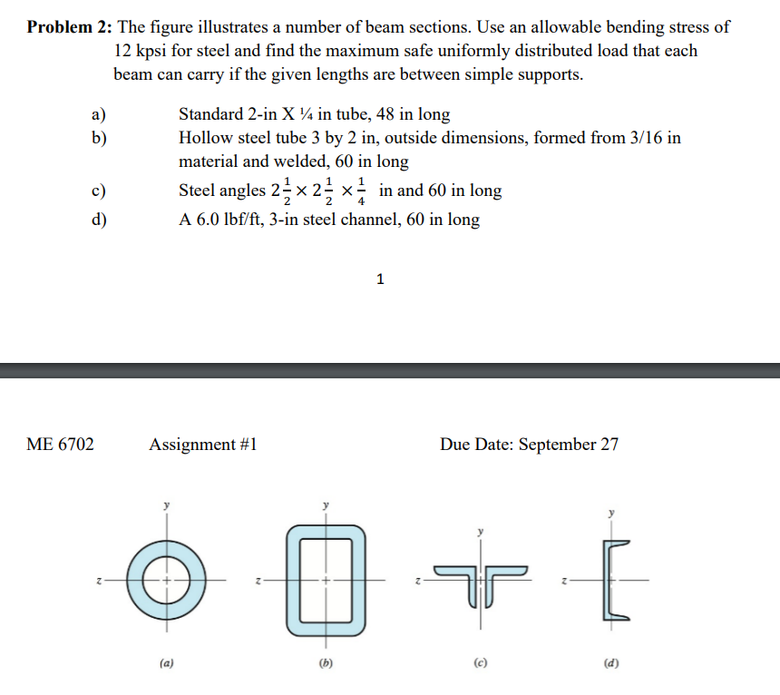 The figure illustrates a number of beam sections.