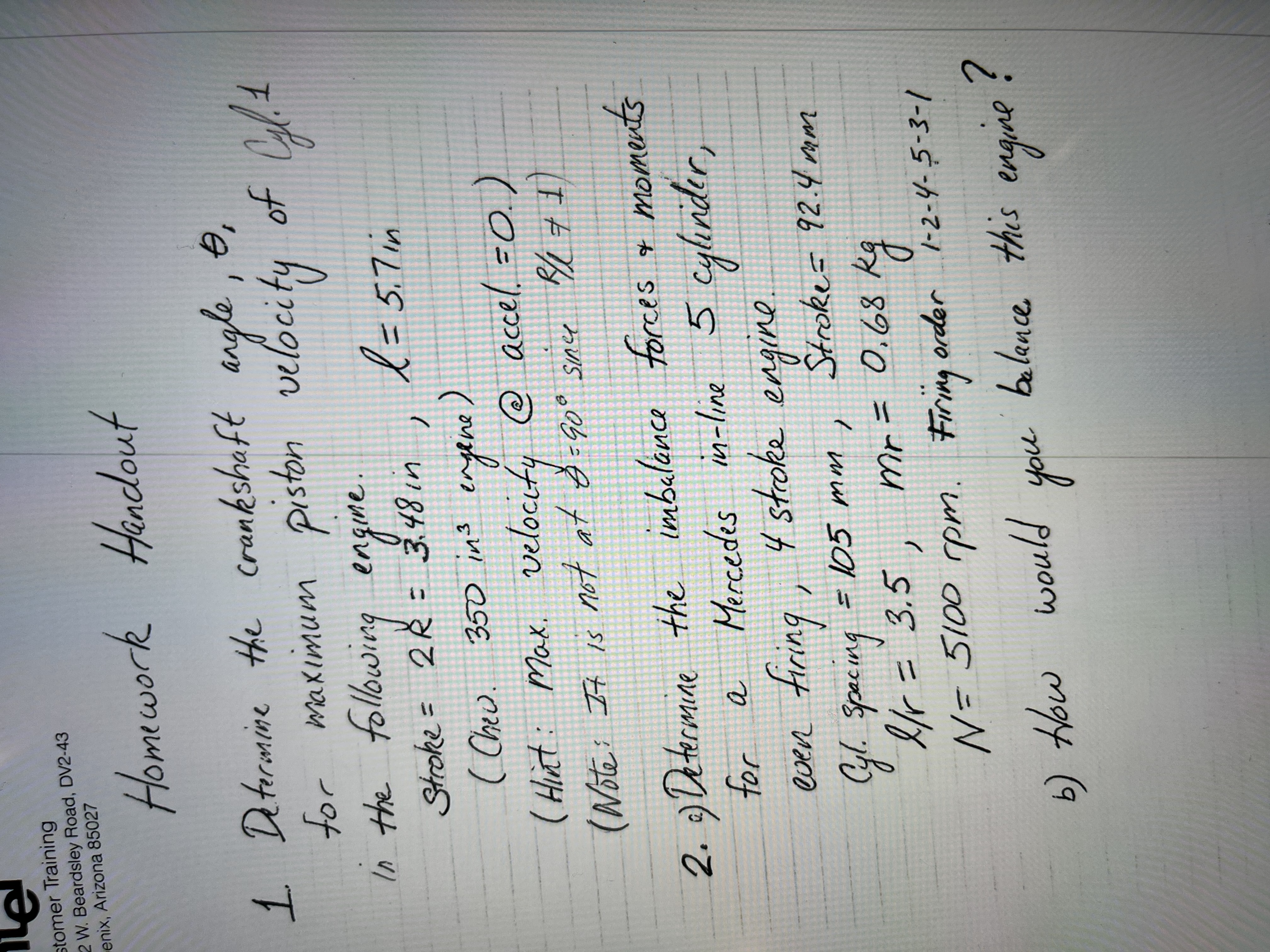 1 . ) Determine the crankshaft angle, theta, for