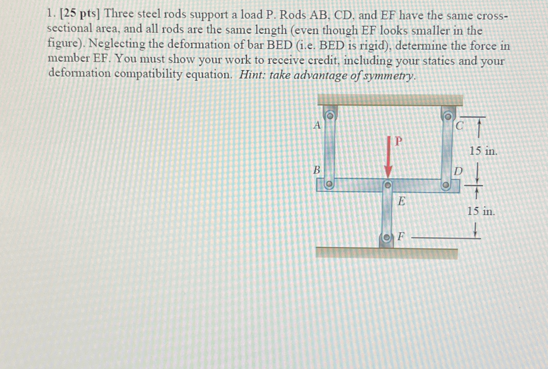 [ 2 5 pts ] Three steel rods support a load P .